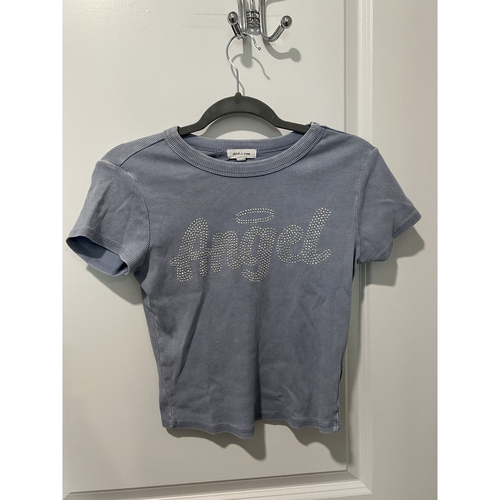 ✨ Stitch & Pine Women's Tee "Angel" - Blue - Size‎ Medium - Cropped - Bedazzled